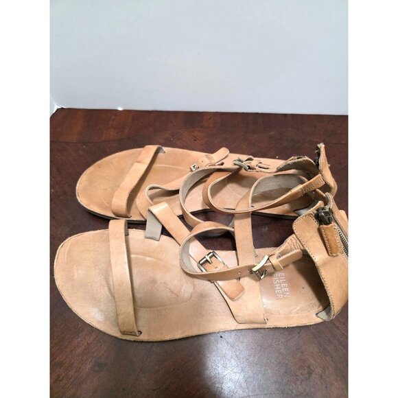 Eileen Fisher Tan Leather Gladiator Sandals With Adjustable Straps & Side Zipper - Picture 4 of 9